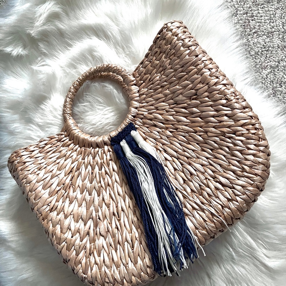 Cost Plus World Market Tan Woven Tote with white and Blue Tassel
